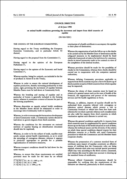 Council Directive 90/426/EEC of 26 June 1990 on animal health conditions governing the movement and import from third countries of equidae (repealed)