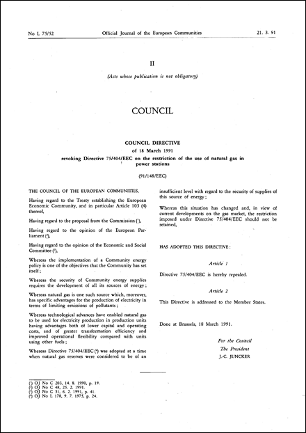 Council Directive 91/148/EEC of 18 March 1991 revoking Directive 75/404/EEC on the restriction of the use of natural gas in power stations