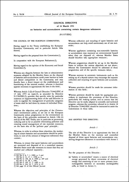 Council Directive 91/157/EEC of 18 March 1991 on batteries and accumulators containing certain dangerous substances (repealed)