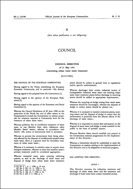 Council Directive 91/271/EEC of 21 May 1991 concerning urban waste-water treatment
