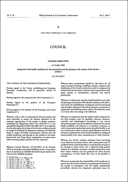 Council Directive 91/492/EEC of 15 July 1991 laying down the health conditions for the production and the placing on the market of live bivalve molluscs