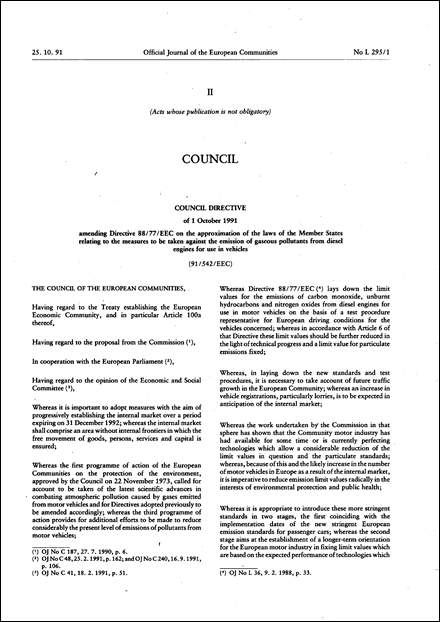 Council Directive 91/542/EEC of 1 October 1991 amending Directive 88/77/EEC on the approximation of the laws of the Member States relating to the measures to be taken against the emission of gaseous pollutants from diesel engines for use in vehicles