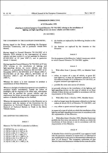 Commission Directive 91/663/EEC of 10 December 1991 adapting to technical progress Council Directive 76/756/EEC relating to the installation of lighting and light-signalling devices on motor vehicles and their trailers
