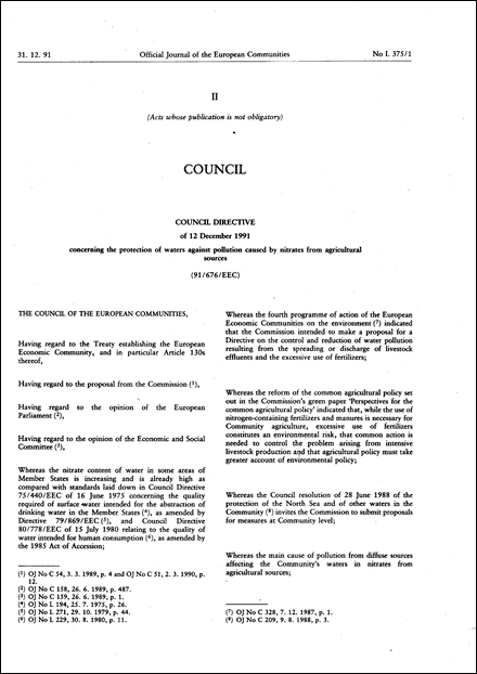 Council Directive 91/676/EEC of 12 December 1991 concerning the protection of waters against pollution caused by nitrates from agricultural sources