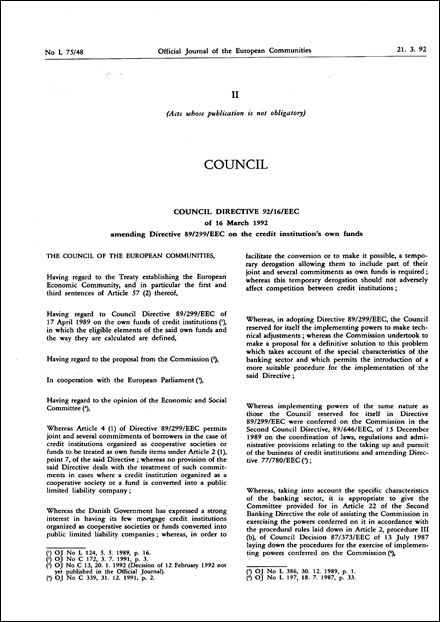 Council Directive 92/16/EEC of 16 March 1992 amending Directive 89/299/EEC on the credit institution's own funds