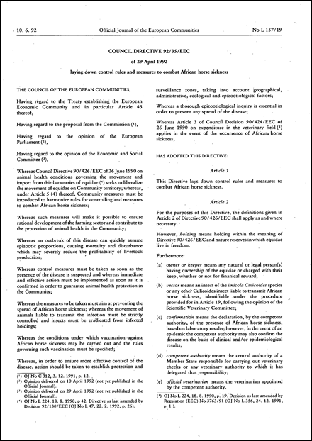 Council Directive 92/35/EEC of 29 April 1992 laying down control rules and measures to combat African horse sickness
