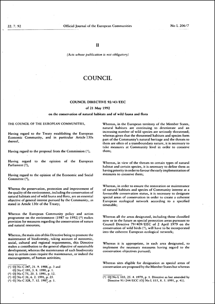 Council Directive 92/43/EEC of 21 May 1992 on the conservation of natural habitats and of wild fauna and flora