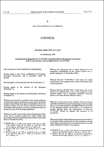 Council Directive 92/5/EEC of 10 February 1992 amending and updating Directive 77/99/EEC on health problems affecting intra-Community trade in meat products and amending Directive 64/433/EEC
