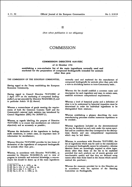 Commission Directive 92/87/EEC of 26 October 1992 establishing a non-exclusive list of the main ingredients normally used and marketed for the preparation of compound feedingstuffs intended for animals other than pets