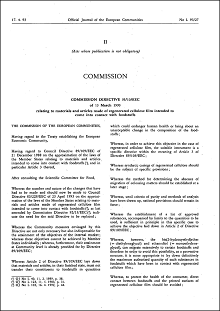 Commission Directive 93/10/EEC of 15 March 1993 relating to materials and articles made of regenerated cellulose film intended to come into contact with foodstuffs (repealed)