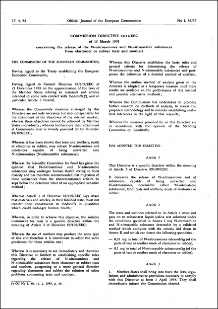 Commission Directive 93/11/EEC of 15 March 1993 concerning the release of the N-nitrosamines and N- nitrosatable substances from elastomer or rubber teats and soothers