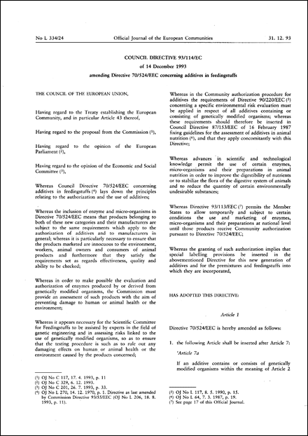 Council Directive 93/114/EC of 14 December 1993 amending Directive 70/524/EEC concerning additives in feedingstuffs