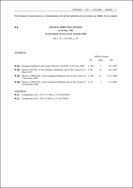 Council Directive 93/22/EEC of 10 May 1993 on investment services in the securities field