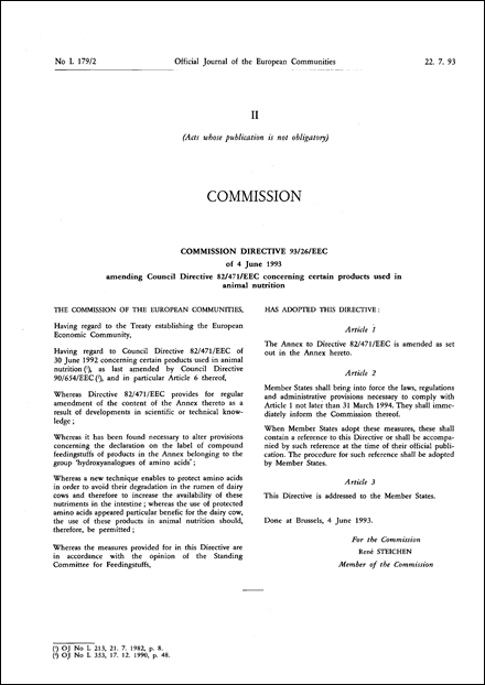 Commission Directive 93/26/EEC of 4 June 1993 amending Council Directive 82/471/EEC concerning certain products used in animal nutrition