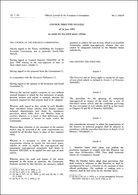 Council Directive 93/31/EEC of 14 June 1993 on stands for two-wheel motor vehicles (repealed)