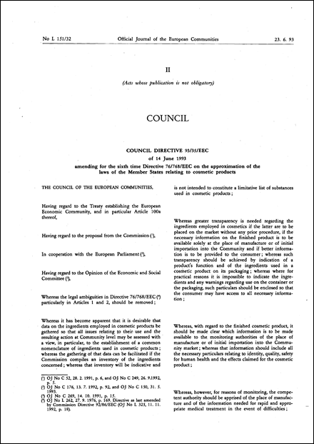 Council Directive 93/35/EEC of 14 June 1993 amending for the sixth time Directive 76/768/EEC on the approximation of the laws of the Member States relating to cosmetic products