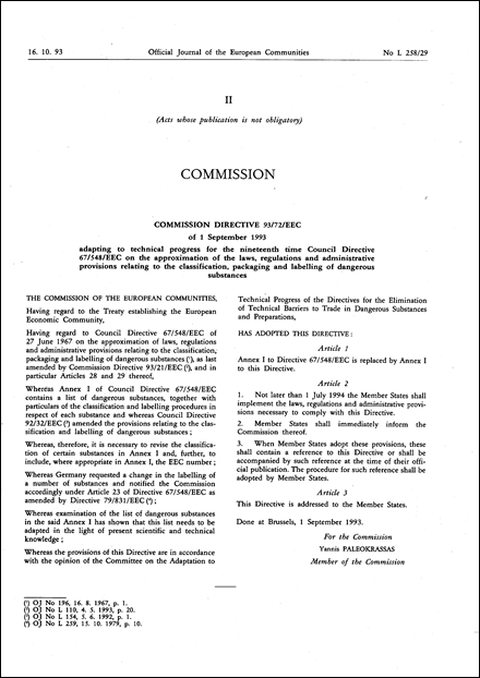 Commission Directive 93/72/EEC of 1 September 1993 adapting to technical progress for the nineteenth time Council Directive 67/548/EEC on the approximation of the laws, regulations and administrative provisions relating to the classification, packaging and labelling of dangerous substances
