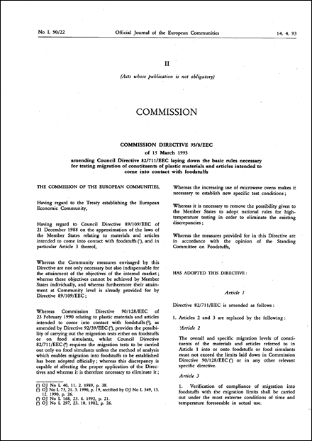 Commission Directive 93/8/EEC of 15 March 1993 amending Council Directive 82/711/EEC laying down the basic rules necessary for testing migration of constituents of plastic materials and articles intended to come into contact with foodstuffs