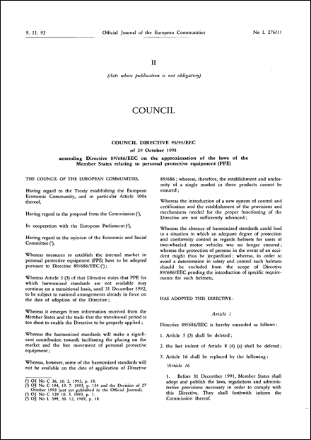 Council Directive 93/95/EEC of 29 October 1993 amending Directive 89/686/EEC on the approximation of the laws of the Member States relating to personal protective equipment (PPE)