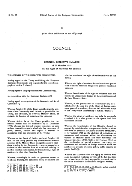 Council Directive 93/96/EEC of 29 October 1993 on the right of residence for students