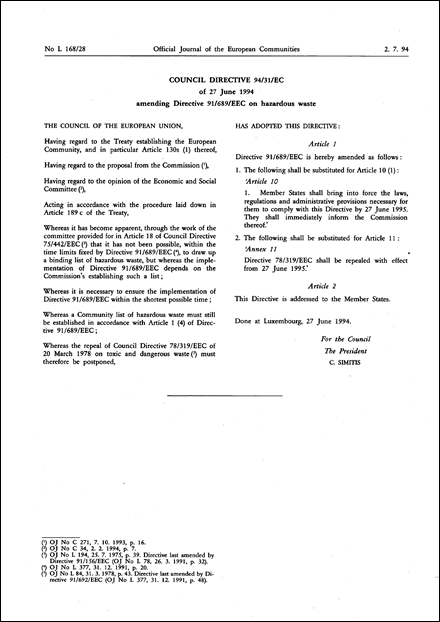 Council Directive 94/31/EC of 27 June 1994 amending Directive 91/689/EEC on hazardous waste