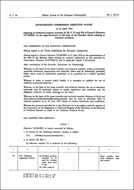 Seventeenth Commission Directive 94/32/EC of 29 June 1994 adapting to technical progress Annexes II, III, V, VI and VII of Council Directive 76/768/EEC on the approximation of the laws of the Member States relating to cosmetic products