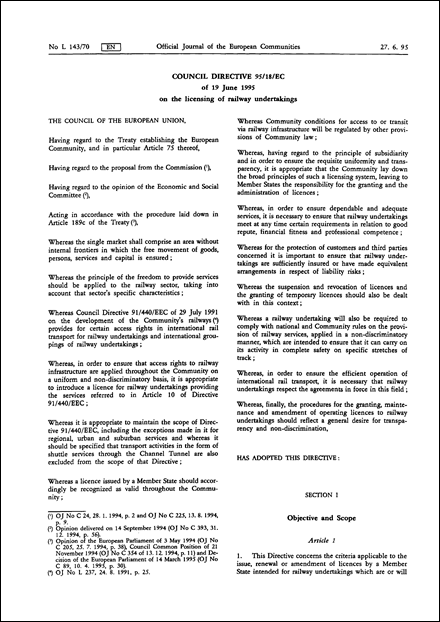 Council Directive 95/18/EC of 19 June 1995 on the licensing of railway undertakings (repealed)