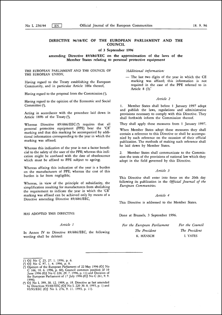 Directive 96/58/EC of the European Parliament and the Council of 3 September 1996 amending Directive 89/686/EEC on the approximation of the laws of the Member States relating to personal protective equipment