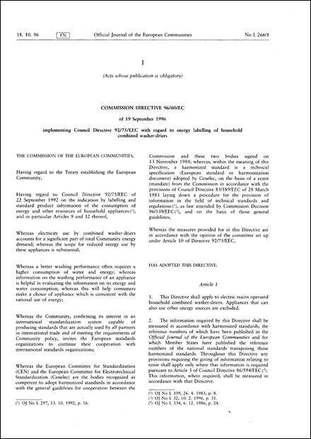 Commission Directive 96/60/EC of 19 September 1996 implementing Council Directive 92/75/EEC with regard to energy labelling of household combined washer-driers