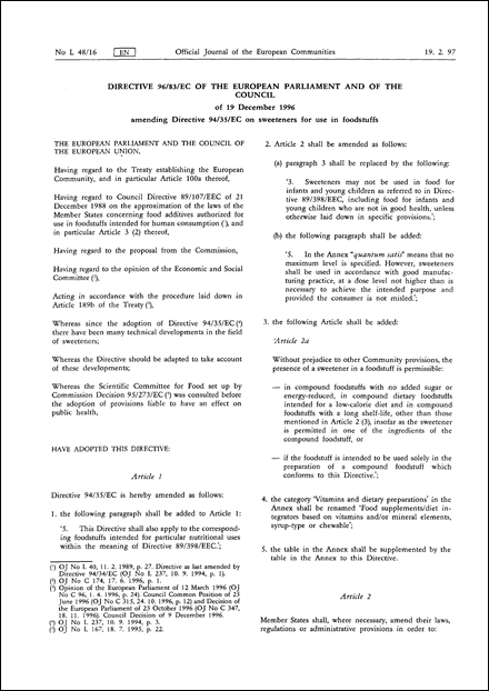 Directive 96/83/EC of the European Parliament and of the Council of 19 December 1996 amending Directive 94/35/EC on sweeteners for use in foodstuffs