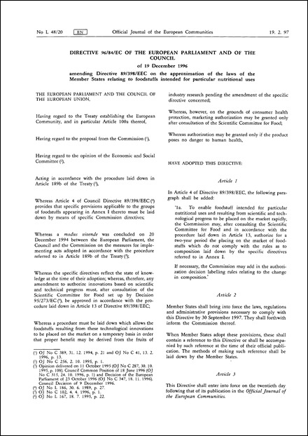 Directive 96/84/EC of the European Parliament and of the Council of 19 December 1996 amending Directive 89/398/EEC on the approximation of the laws of the Member States relating to foodstuffs intended for particular nutritional uses