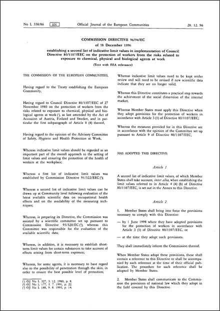 Commission Directive 96/94/EC of 18 December 1996 establishing a second list of indicative limit values in implementation of Council Directive 80/1107/EEC on the protection of workers from the risks related to exposure to chemical, physical and biological agents at work (Text with EEA relevance)