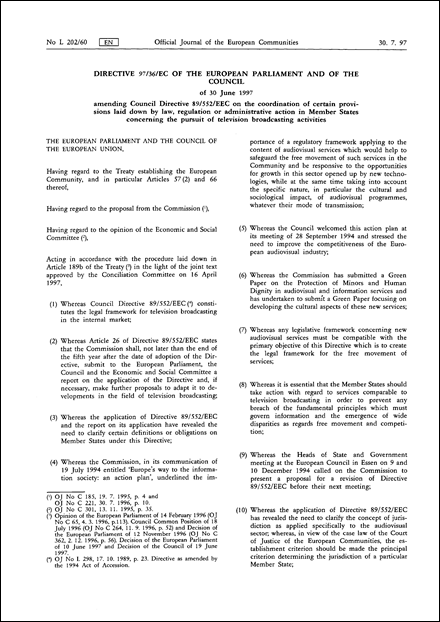 Directive 97/36/EC of the European Parliament and of the Council of 30 June 1997 amending Council Directive 89/552/EEC on the coordination of certain provisions laid down by law, regulation or administrative action in Member States concerning the pursuit of television broadcasting activities