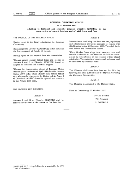 Council Directive 97/62/EC of 27 October 1997 adapting to technical and scientific progress Directive 92/43/EEC on the conservation of natural habitats and of wild fauna and flora