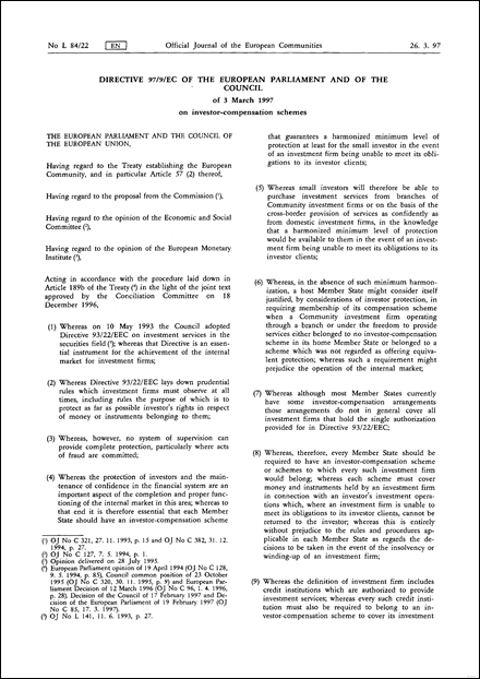 Directive 97/9/EC of the European Parliament and of the Council of 3 March 1997 on investor-compensation schemes