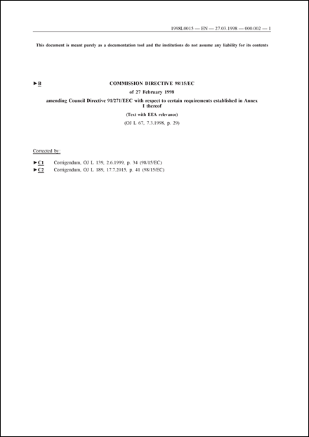 Commission Directive 98/15/EC of 27 February 1998 amending Council Directive 91/271/EEC with respect to certain requirements established in Annex I thereof (Text with EEA relevance)