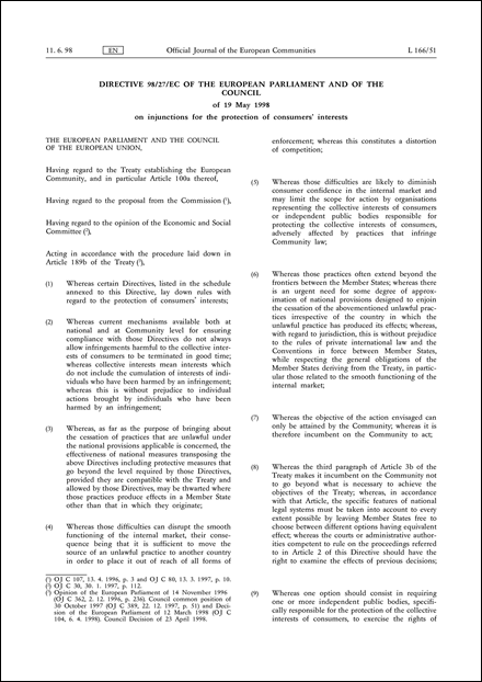 Directive 98/27/EC of the European Parliament and of the Council of 19 May 1998 on injunctions for the protection of consumers' interests (repealed)