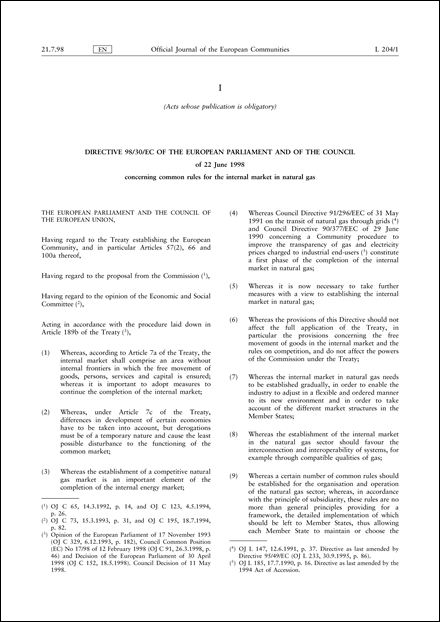 Directive 98/30/EC of the European Parliament and of the Council of 22 June 1998 concerning common rules for the internal market in natural gas