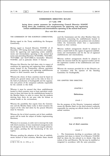 Commission Directive 98/51/EC of 9 July 1998 laying down certain measures for implementing Council Directive 95/69/EC laying down the conditions and arrangements for approving and registering certain establishments and intermediaries operating in the animal feed sector (Text with EEA relevance)