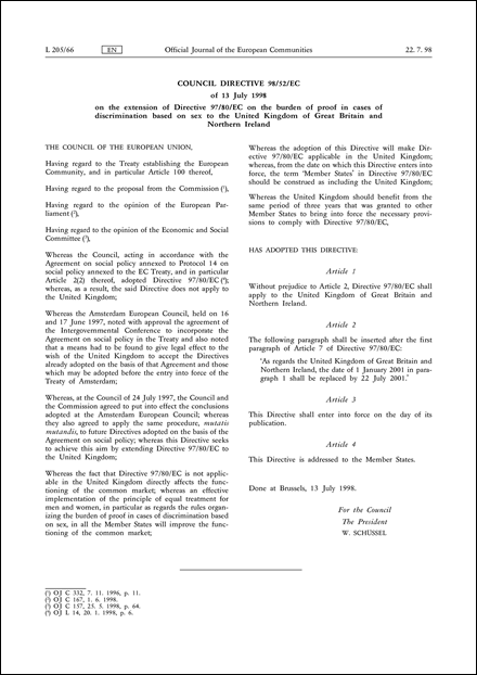 Council Directive 98/52/EC of 13 July 1998 on the extension of Directive 97/80/EC on the burden of proof in cases of discrimination based on sex to the United Kingdom of Great Britain and Northern Ireland