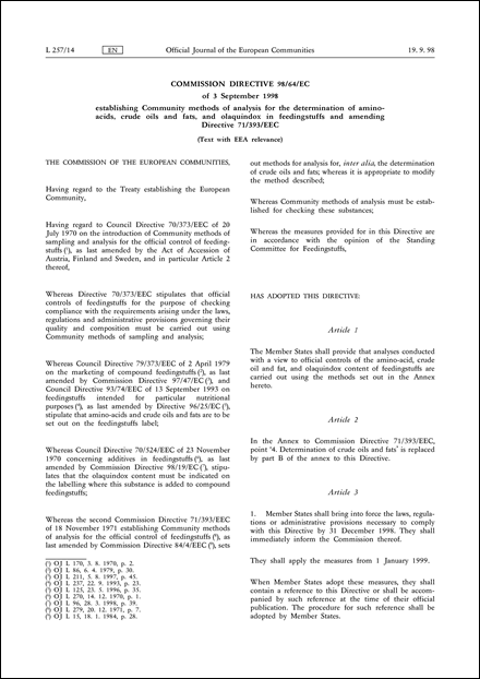 Commission Directive 98/64/EC of 3 September 1998 establishing Community methods of analysis for the determination of amino-acids, crude oils and fats, and olaquindox in feedingstuffs and amending Directive 71/393/EEC (Text with EEA relevance)