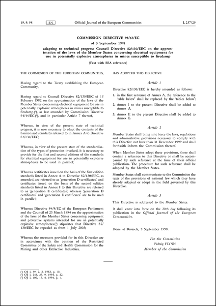 Commission Directive 98/65/EC of 3 September 1998 adapting to technical progress Council Directive 82/130/EEC on the approximation of the laws of the Member States concerning electrical equipment for use in potentially explosive atmospheres in mines susceptible to firedamp (Text with EEA relevance)