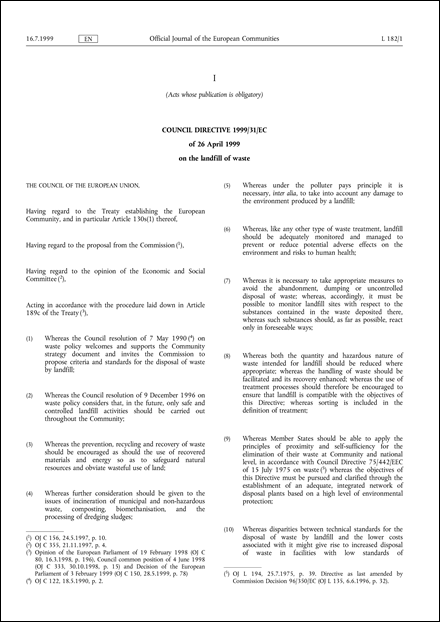 Council Directive 1999/31/EC of 26 April 1999 on the landfill of waste