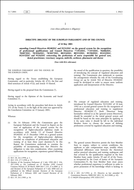 Directive 2001/19/EC of the European Parliament and of the Council of 14 May 2001 amending Council Directives 89/48/EEC and 92/51/EEC on the general system for the recognition of professional qualifications and Council Directives 77/452/EEC, 77/453/EEC, 78/686/EEC, 78/687/EEC, 78/1026/EEC, 78/1027/EEC, 80/154/EEC, 80/155/EEC, 85/384/EEC, 85/432/EEC, 85/433/EEC and 93/16/EEC concerning the professions of nurse responsible for general care, dental practitioner, veterinary surgeon, midwife, architect, pharmacist and doctor (Text with EEA relevance.) - Statements