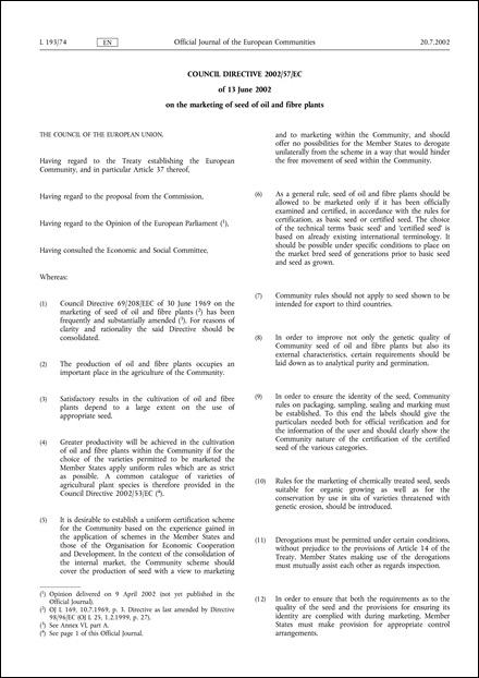 Council Directive 2002/57/EC of 13 June 2002 on the marketing of seed of oil and fibre plants