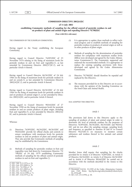 Commission Directive 2002/63/EC of 11 July 2002 establishing Community methods of sampling for the official control of pesticide residues in and on products of plant and animal origin and repealing Directive 79/700/EEC (Text with EEA relevance)