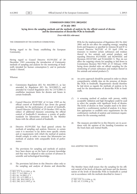 Commission Directive 2002/69/EC of 26 July 2002 laying down the sampling methods and the methods of analysis for the official control of dioxins and the determination of dioxin-like PCBs in foodstuffs (Text with EEA relevance) (repealed)