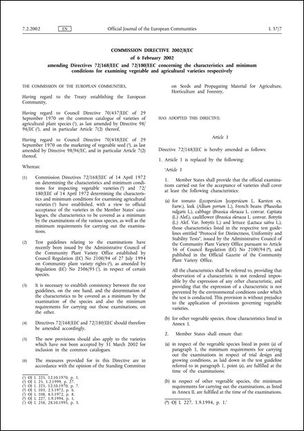 Commission Directive 2002/8/EC of 6 February 2002 amending Directives 72/168/EEC and 72/180/EEC concerning the characteristics and minimum conditions for examining vegetable and agricultural varieties respectively