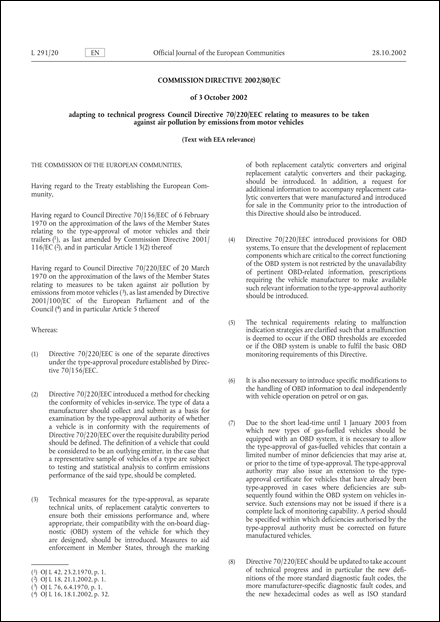 Commission Directive 2002/80/EC of 3 October 2002 adapting to technical progress Council Directive 70/220/EEC relating to measures to be taken against air pollution by emissions from motor vehicles (Text with EEA relevance.)