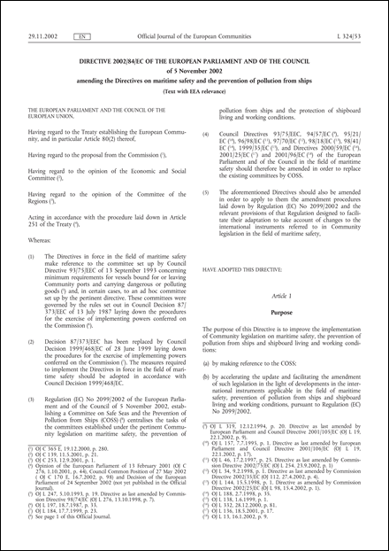 Directive 2002/84/EC of the European Parliament and of the Council of 5 November 2002 amending the Directives on maritime safety and the prevention of pollution from ships (Text with EEA relevance)
